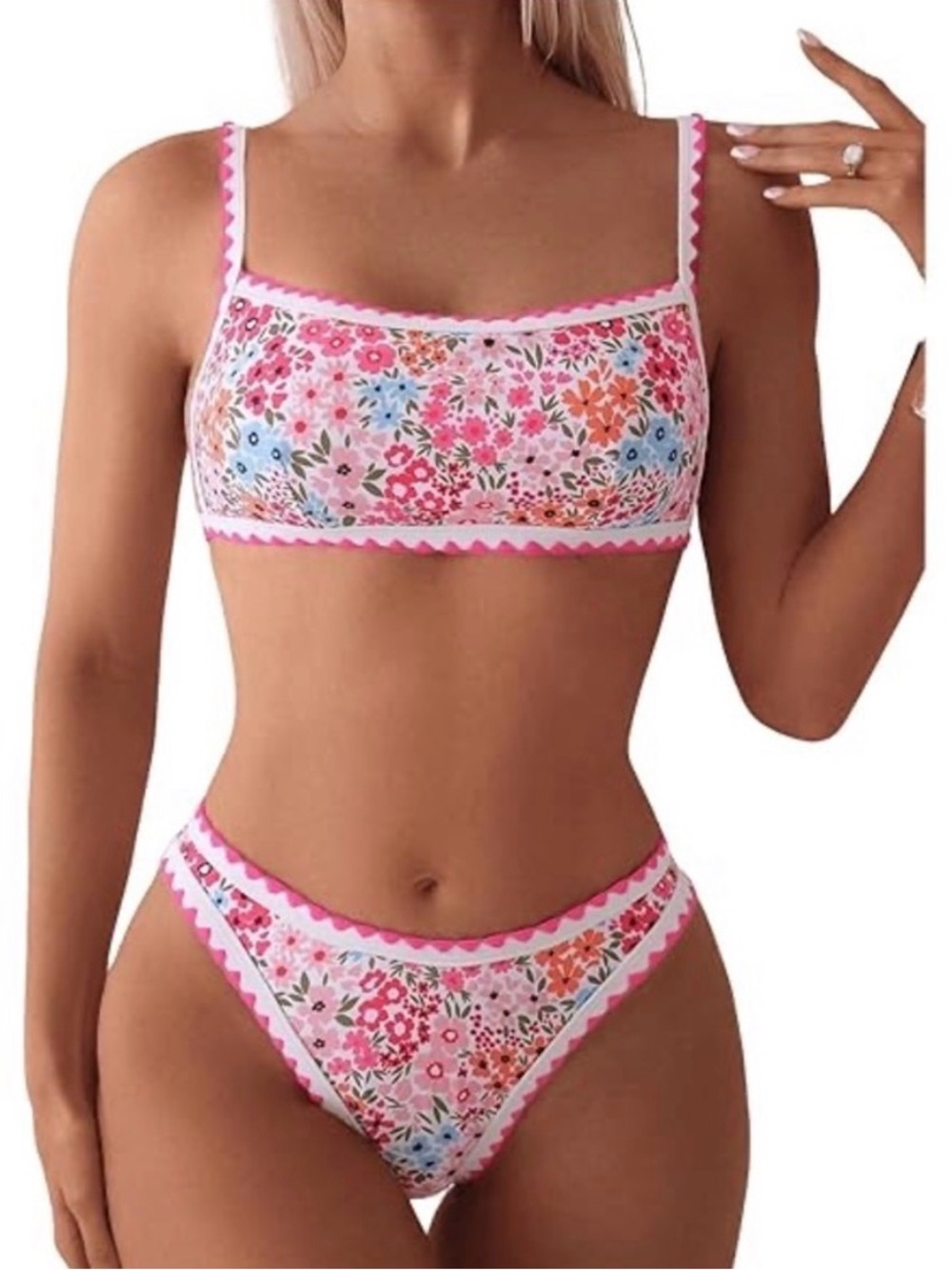 SHEIN White Floral Scallop-Trim Two-Piece Bikini Set with Pink Trim, Size Large